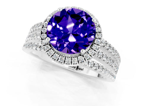 White gold {shape_name} Tanzanite Halo Engagement Ring with Split Shank and Four-Prong Setting_1