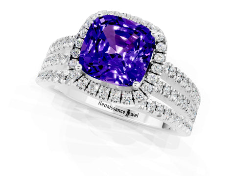 White gold {shape_name} Tanzanite Halo Engagement Ring with Split Shank and Four-Prong Setting_1