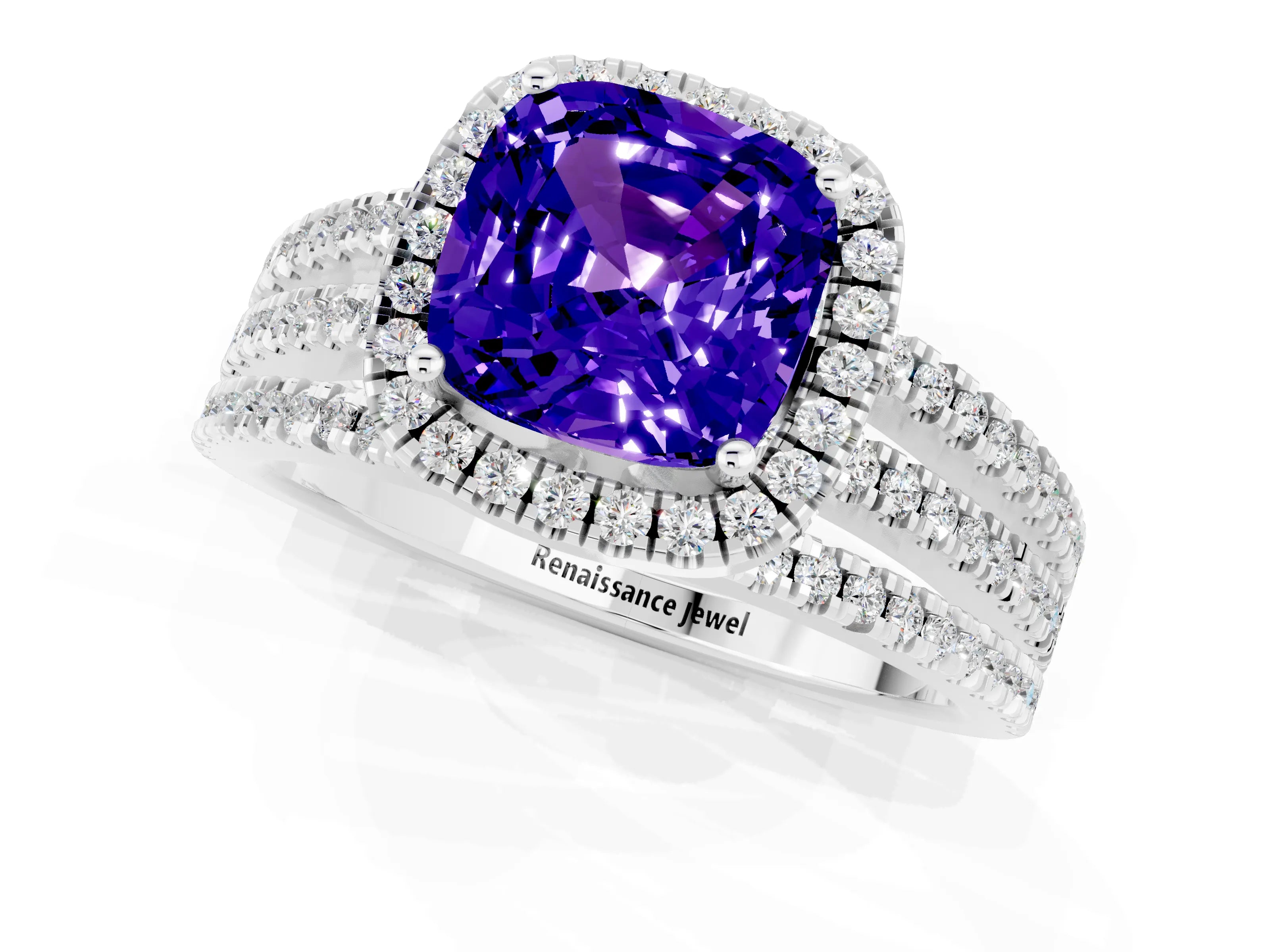 White gold {shape_name} Tanzanite Halo Engagement Ring with Split Shank and Four-Prong Setting_1