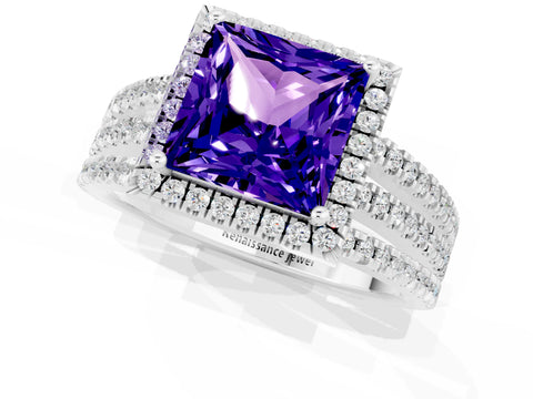 White gold {shape_name} Tanzanite Halo Engagement Ring with Split Shank and Four-Prong Setting_1