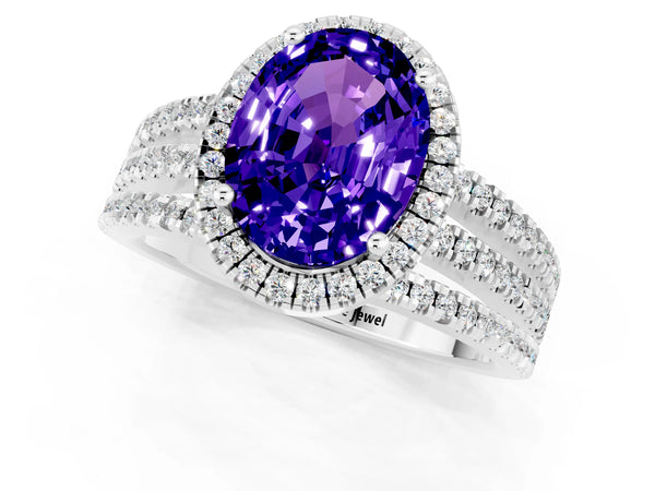 Silver Oval Cut Tanzanite Halo Engagement Ring with Split Shank and Four-Prong Setting