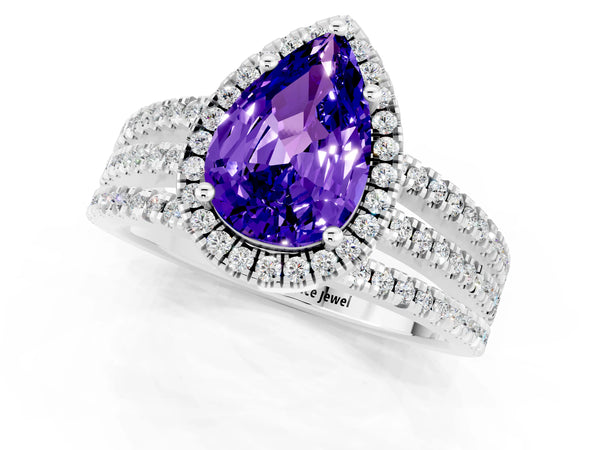Platinum Pear Cut Tanzanite Halo Engagement Ring with Split Shank and Four-Prong Setting