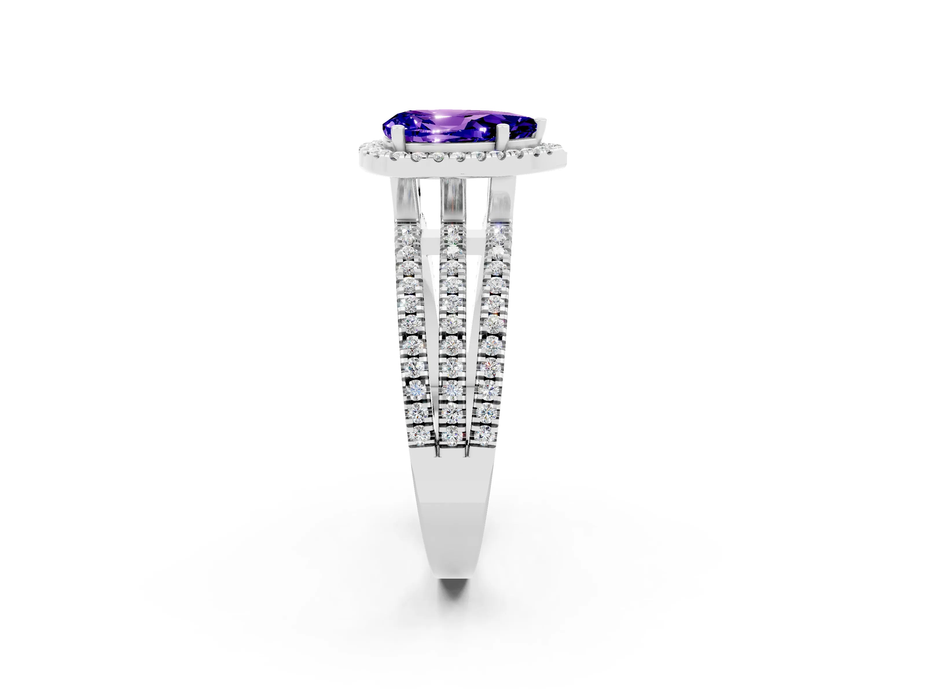 White gold {shape_name} Tanzanite Halo Engagement Ring with Split Shank and Four-Prong Setting_2