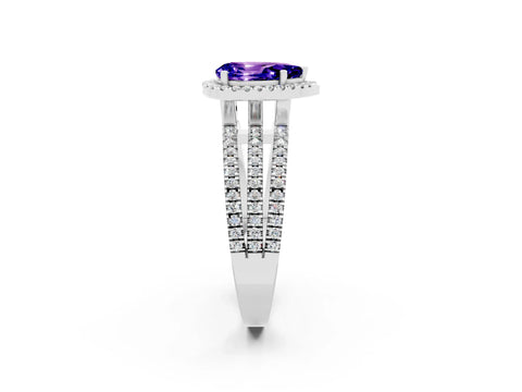 White gold {shape_name} Tanzanite Halo Engagement Ring with Split Shank and Four-Prong Setting_2