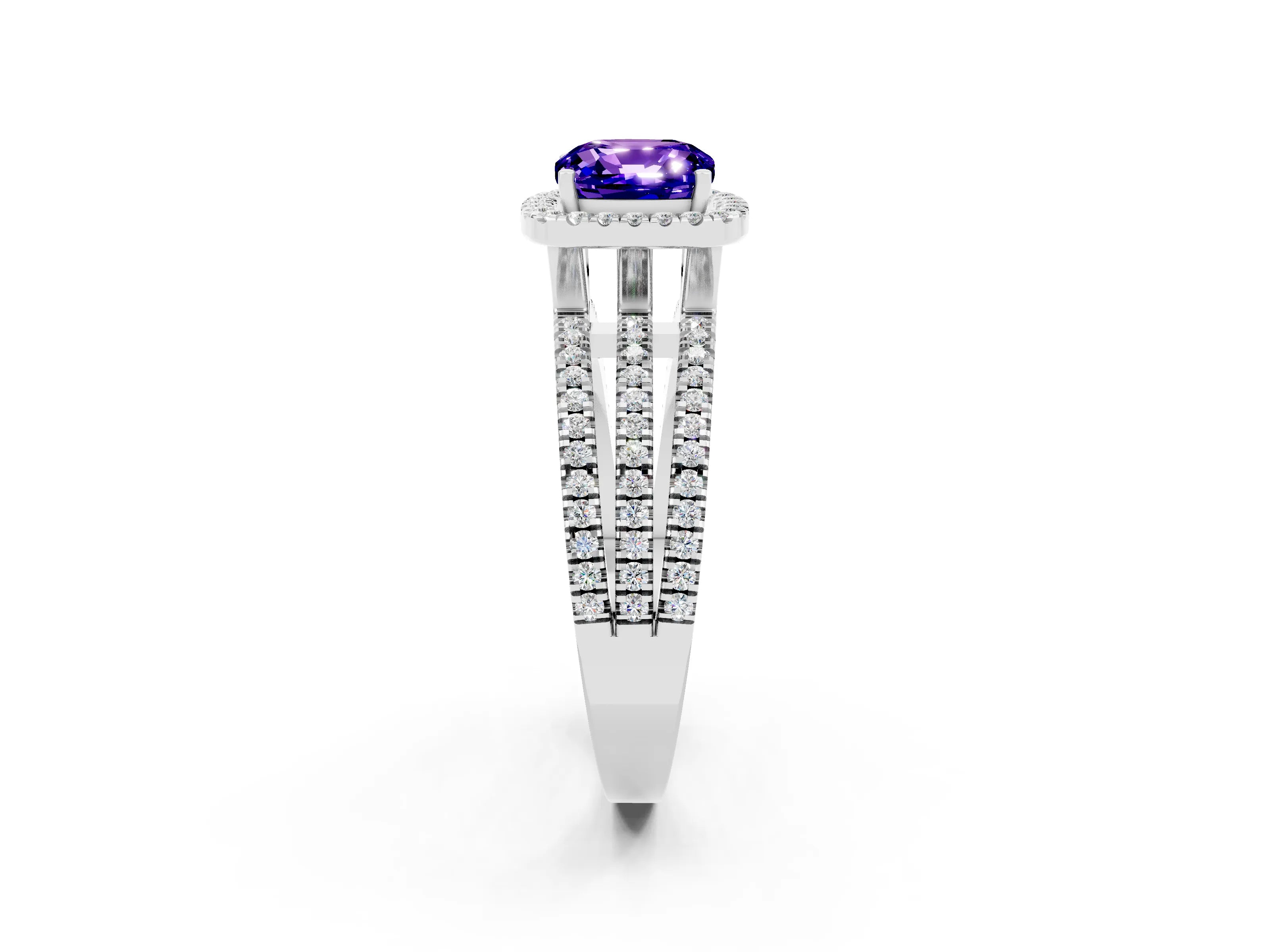 White gold {shape_name} Tanzanite Halo Engagement Ring with Split Shank and Four-Prong Setting_2