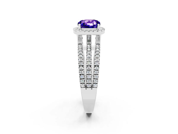 Platinum Cushion Cut Tanzanite Halo Engagement Ring with Split Shank and Four-Prong Setting