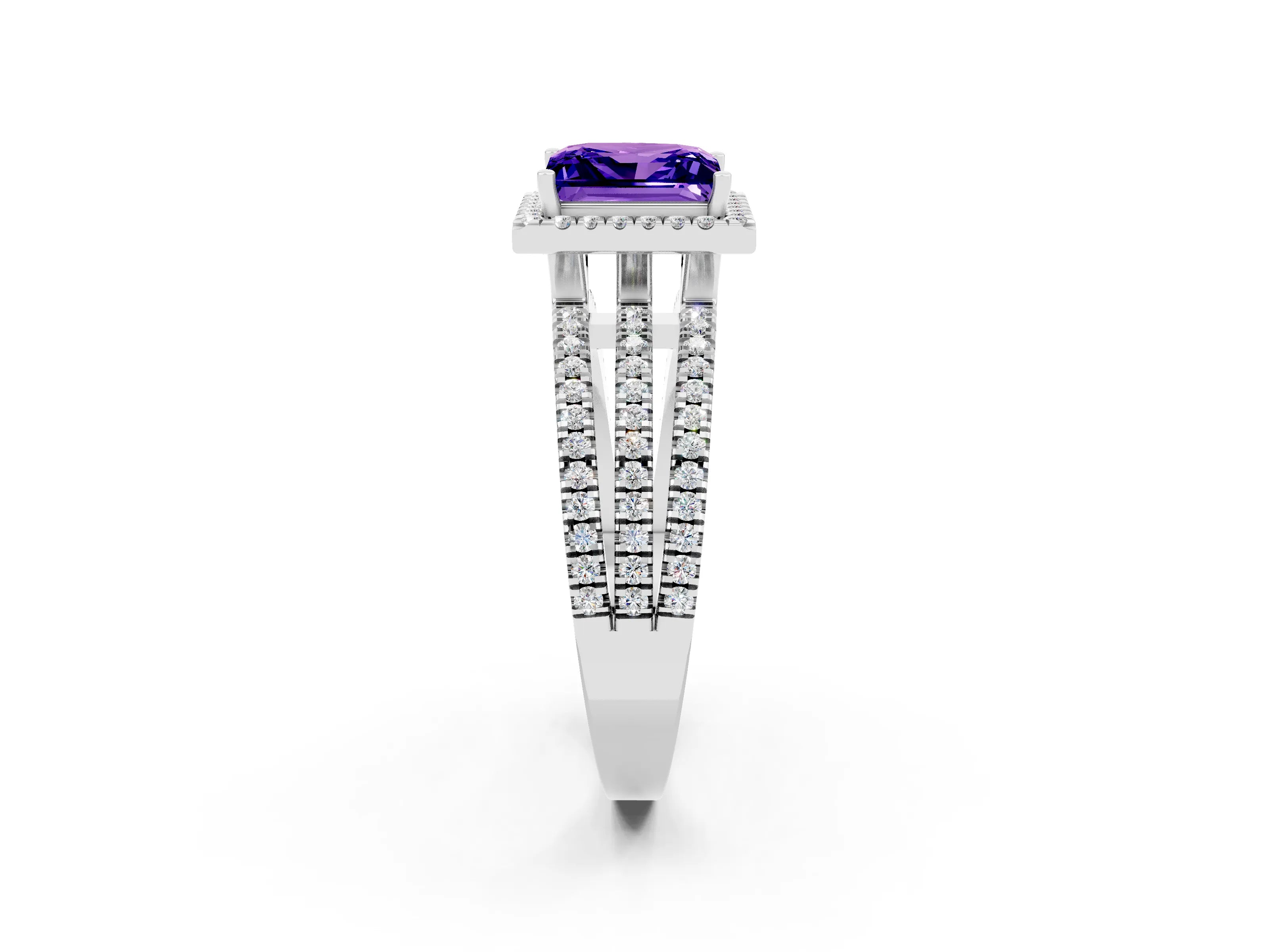 White gold {shape_name} Tanzanite Halo Engagement Ring with Split Shank and Four-Prong Setting_2