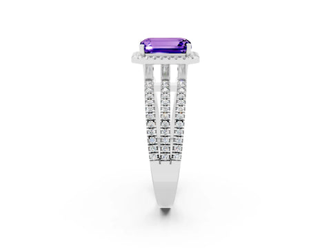 White gold {shape_name} Tanzanite Halo Engagement Ring with Split Shank and Four-Prong Setting_2
