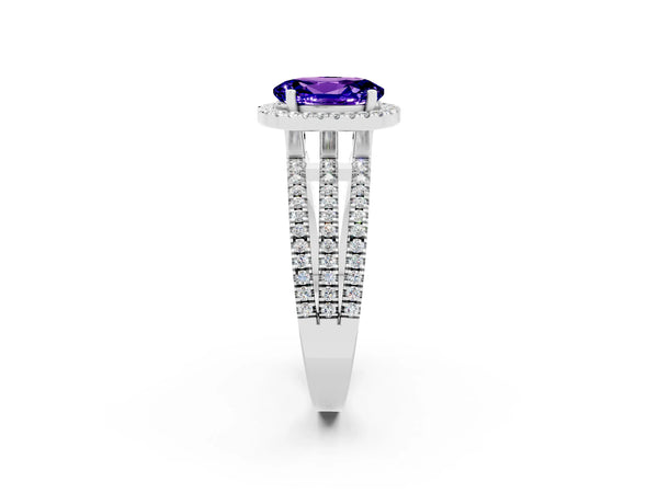 Platinum Oval Cut Tanzanite Halo Engagement Ring with Split Shank and Four-Prong Setting