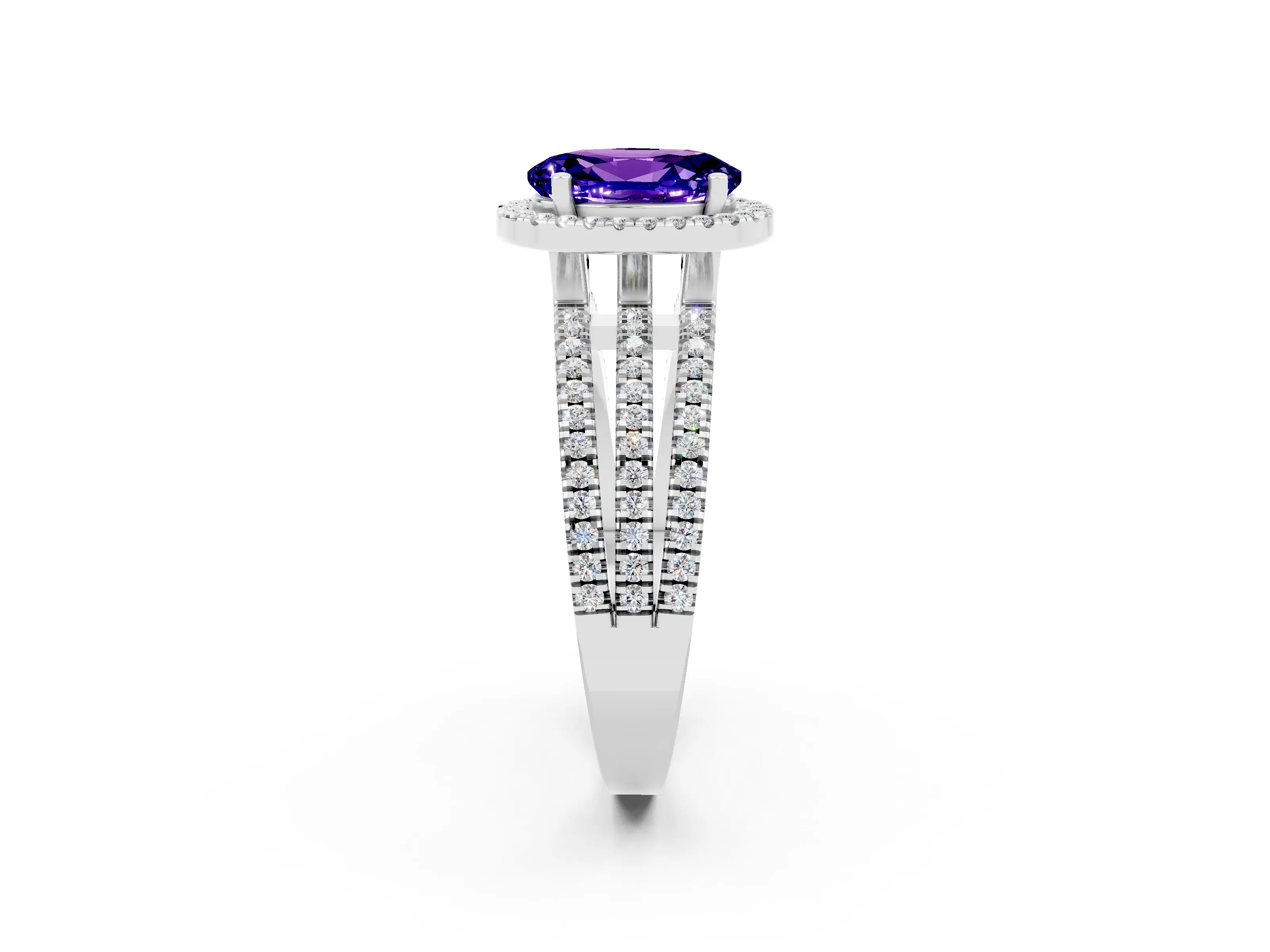 White gold {shape_name} Tanzanite Halo Engagement Ring with Split Shank and Four-Prong Setting_2
