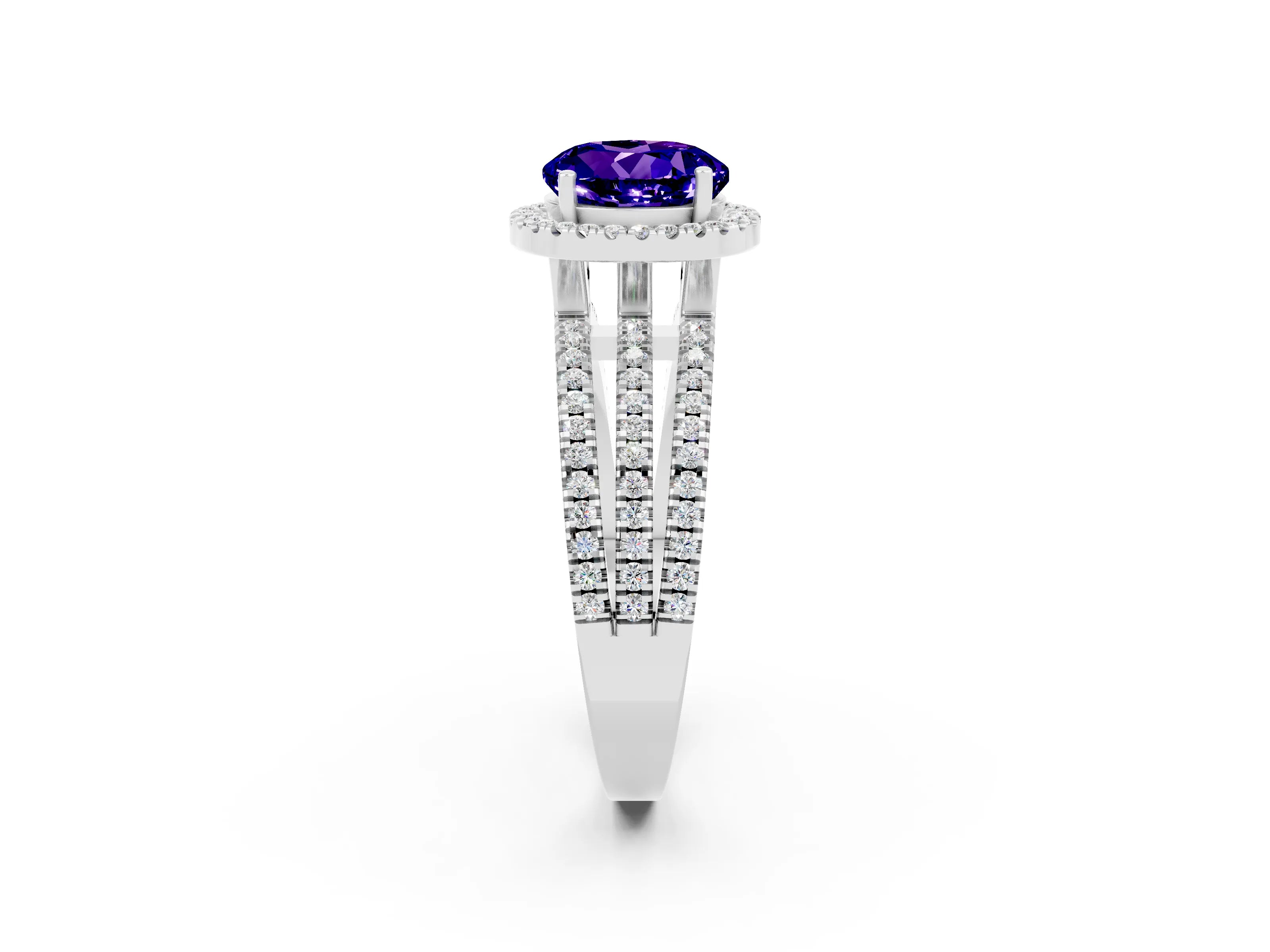 White gold {shape_name} Tanzanite Halo Engagement Ring with Split Shank and Four-Prong Setting_2
