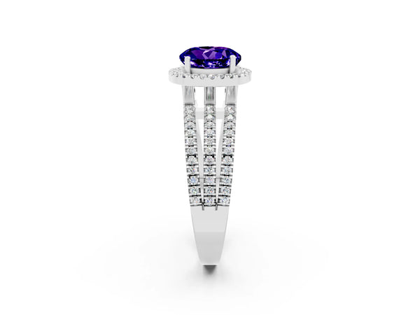 Silver Round Cut Tanzanite Halo Engagement Ring with Split Shank and Four-Prong Setting