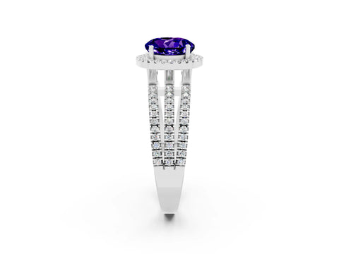 White gold {shape_name} Tanzanite Halo Engagement Ring with Split Shank and Four-Prong Setting_2