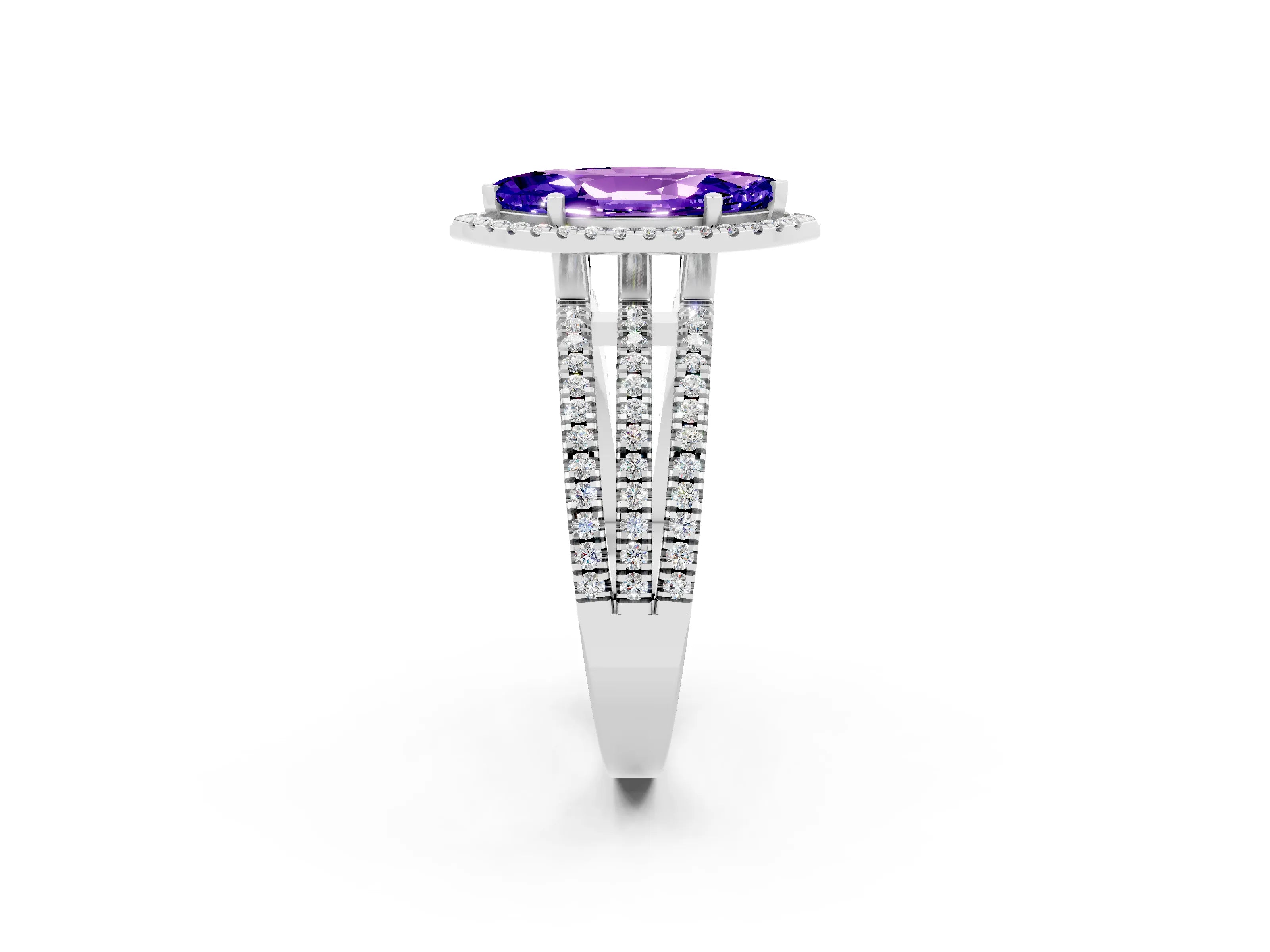 White gold {shape_name} Tanzanite Halo Engagement Ring with Split Shank and Four-Prong Setting_2