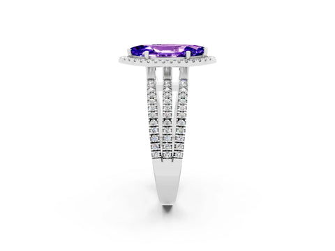 White gold {shape_name} Tanzanite Halo Engagement Ring with Split Shank and Four-Prong Setting_2