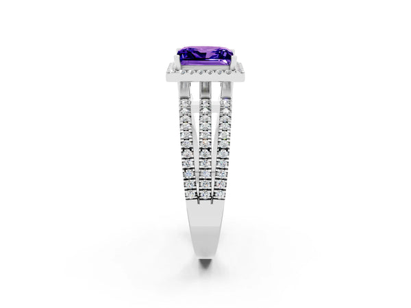 Silver Princess Cut Tanzanite Halo Engagement Ring with Split Shank and Four-Prong Setting