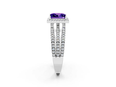 White gold {shape_name} Tanzanite Halo Engagement Ring with Split Shank and Four-Prong Setting_2