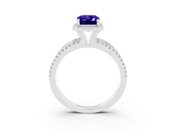 Silver Emerald Cut Tanzanite Halo Engagement Ring with Split Shank and Four-Prong Setting