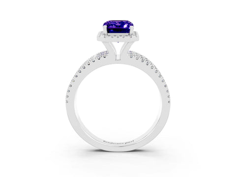 White gold {shape_name} Tanzanite Halo Engagement Ring with Split Shank and Four-Prong Setting_3