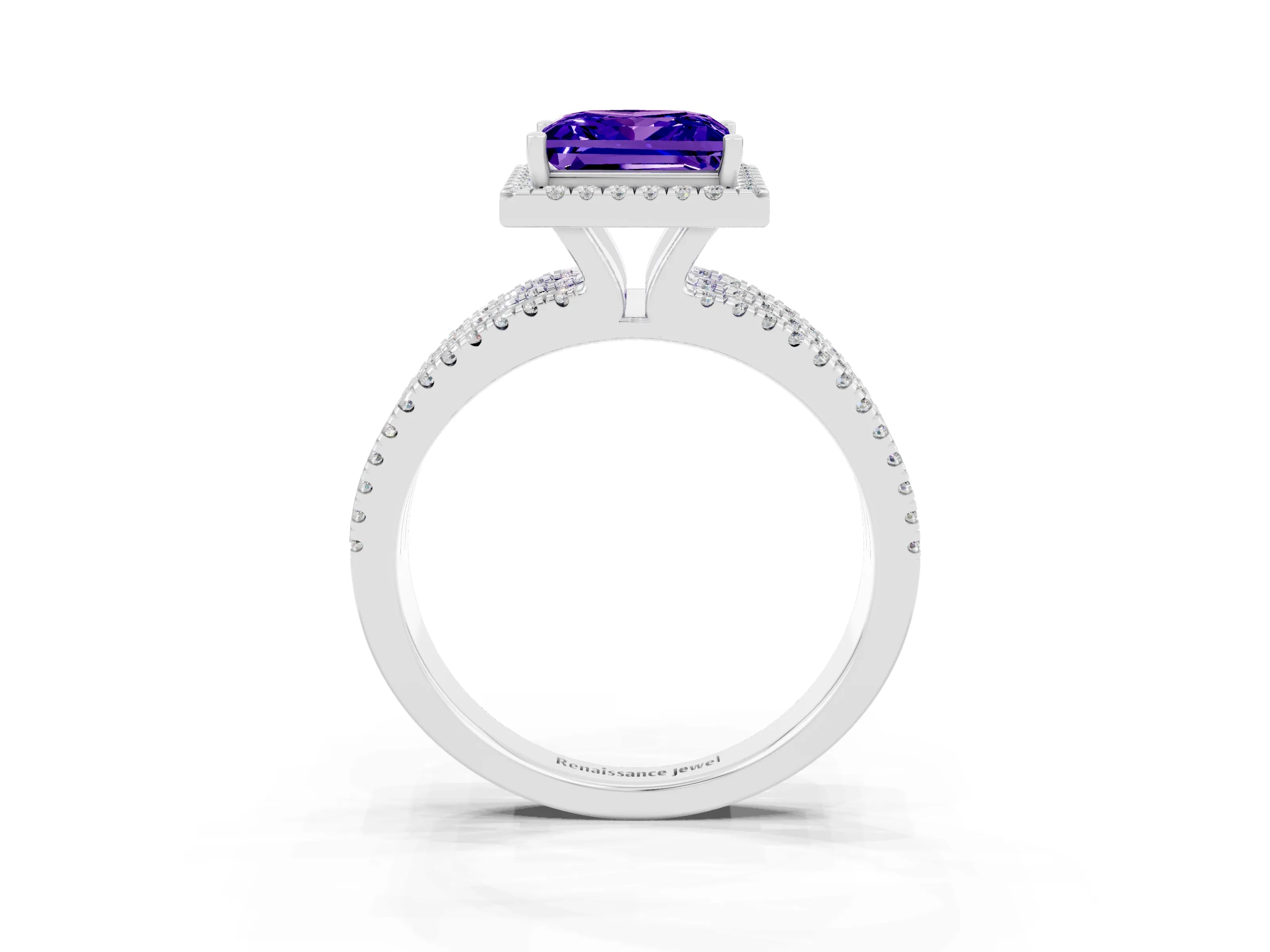 White gold {shape_name} Tanzanite Halo Engagement Ring with Split Shank and Four-Prong Setting_3