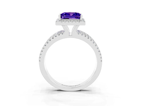White gold {shape_name} Tanzanite Halo Engagement Ring with Split Shank and Four-Prong Setting_3