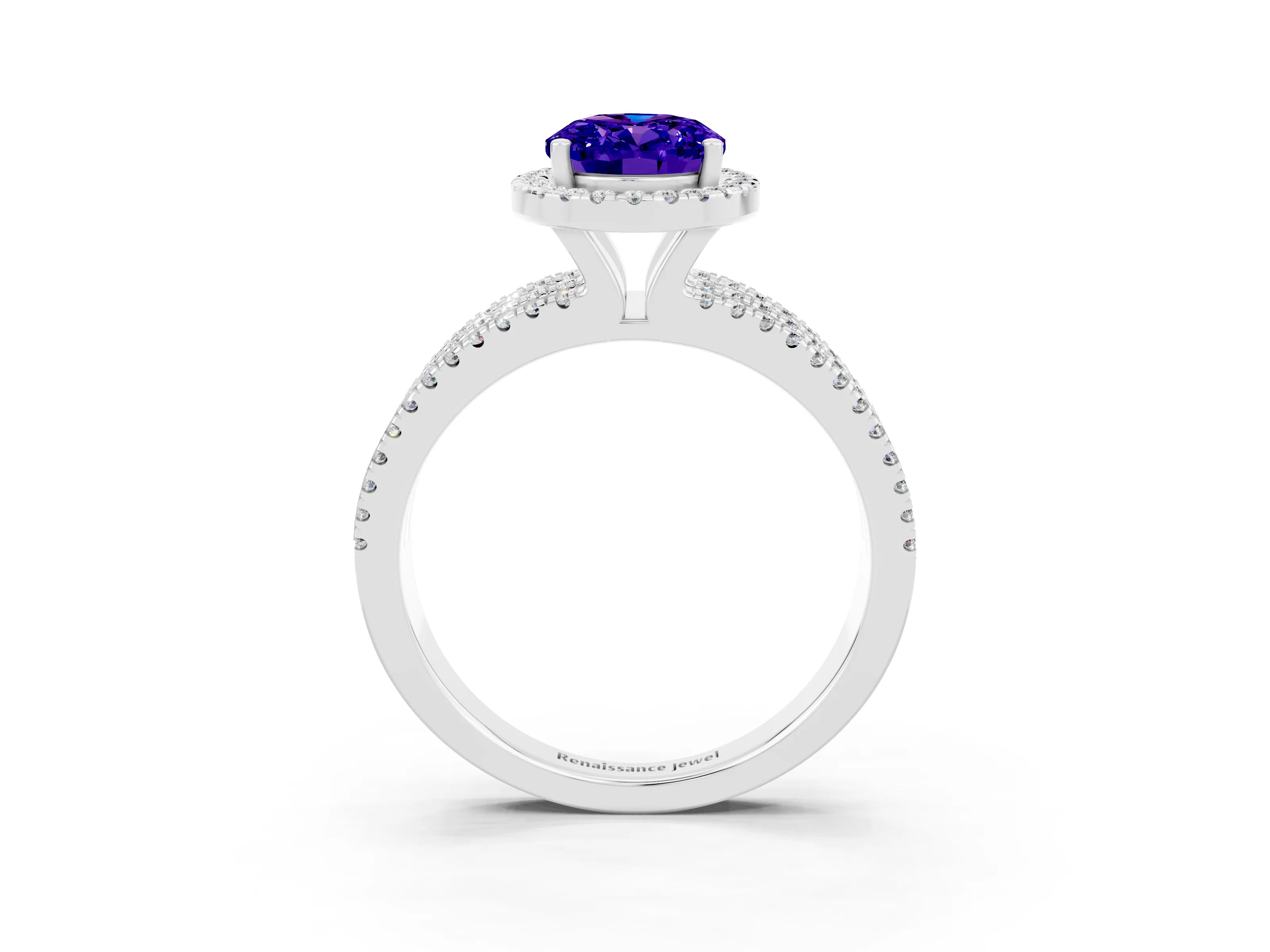 White gold {shape_name} Tanzanite Halo Engagement Ring with Split Shank and Four-Prong Setting_3