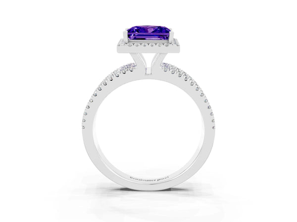 Silver Princess Cut Tanzanite Halo Engagement Ring with Split Shank and Four-Prong Setting