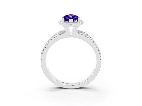 White gold {shape_name} Tanzanite Halo Engagement Ring with Split Shank and Four-Prong Setting_3