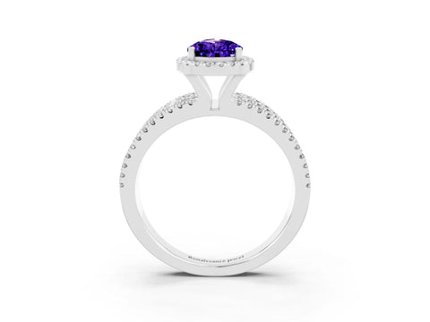 White gold {shape_name} Tanzanite Halo Engagement Ring with Split Shank and Four-Prong Setting_3