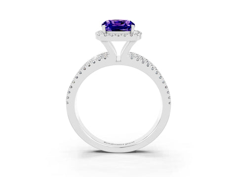White gold {shape_name} Tanzanite Halo Engagement Ring with Split Shank and Four-Prong Setting_3