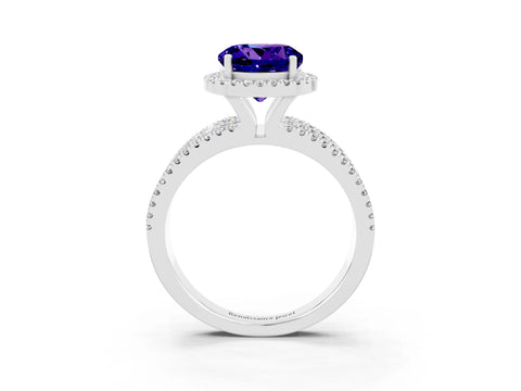 White gold {shape_name} Tanzanite Halo Engagement Ring with Split Shank and Four-Prong Setting_3