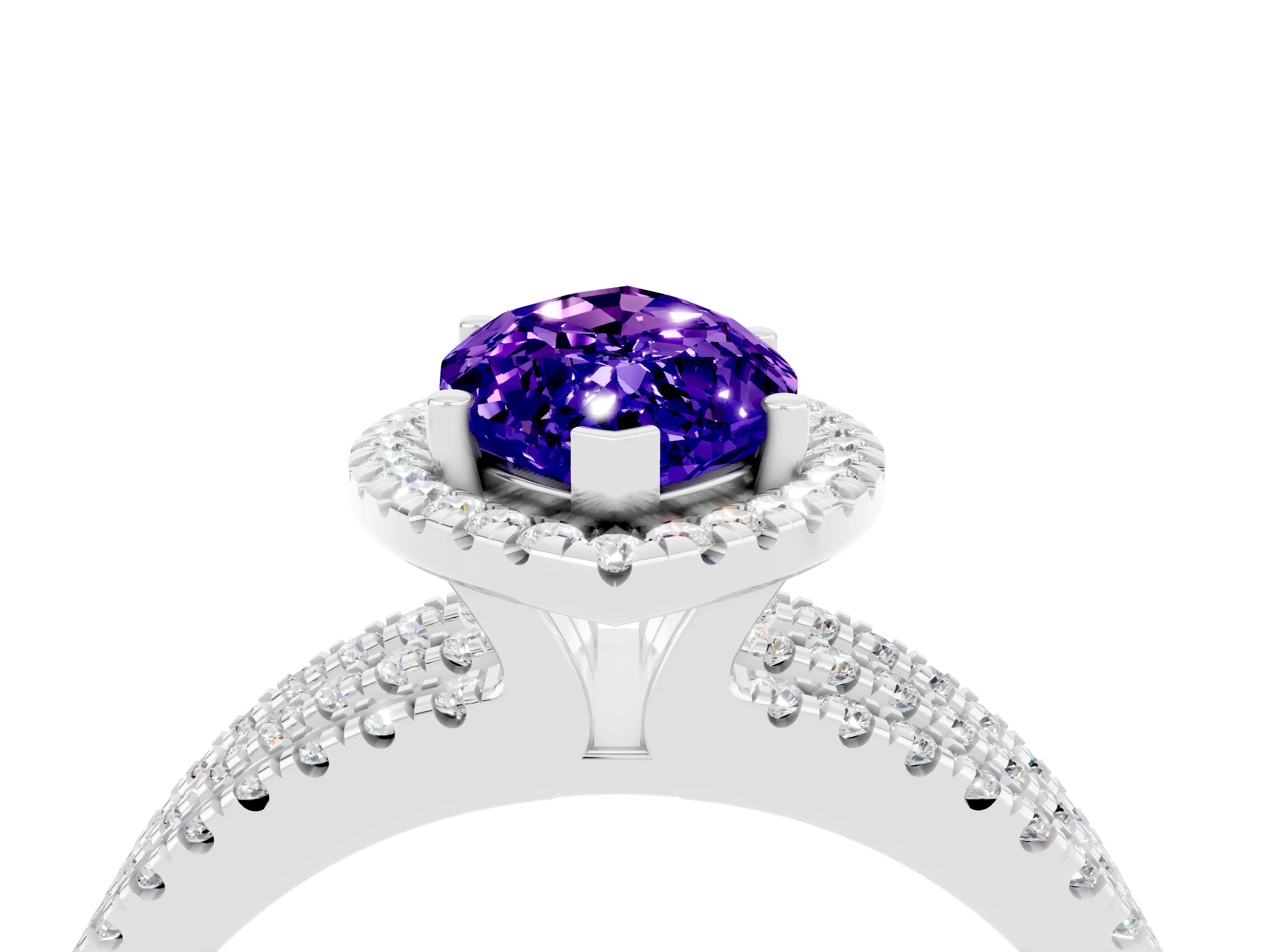 White gold {shape_name} Tanzanite Halo Engagement Ring with Split Shank and Four-Prong Setting_4