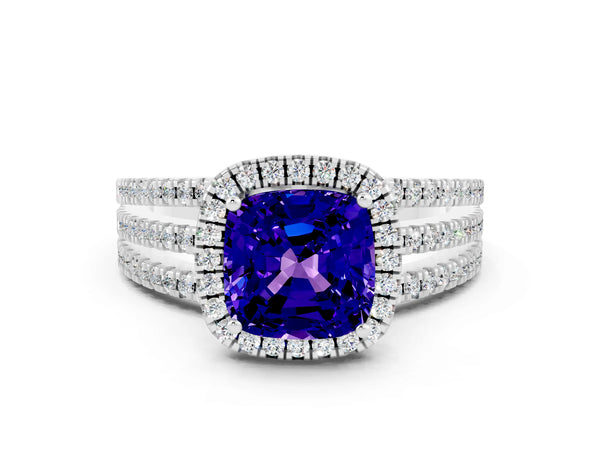 Platinum Cushion Cut Tanzanite Halo Engagement Ring with Split Shank and Four-Prong Setting