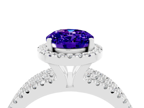 White gold {shape_name} Tanzanite Halo Engagement Ring with Split Shank and Four-Prong Setting_4