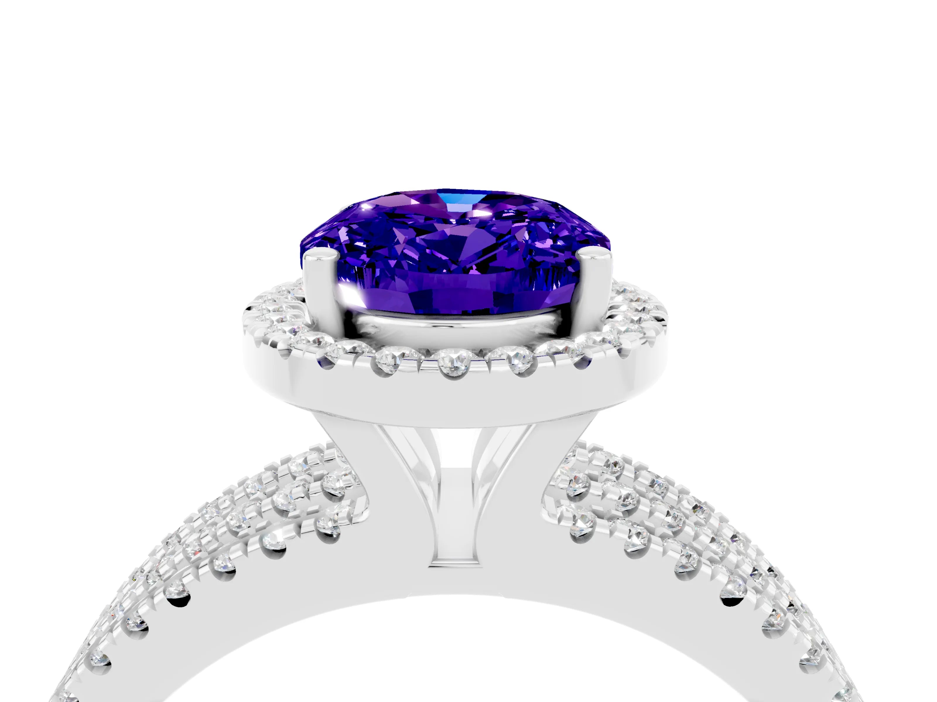 White gold {shape_name} Tanzanite Halo Engagement Ring with Split Shank and Four-Prong Setting_4