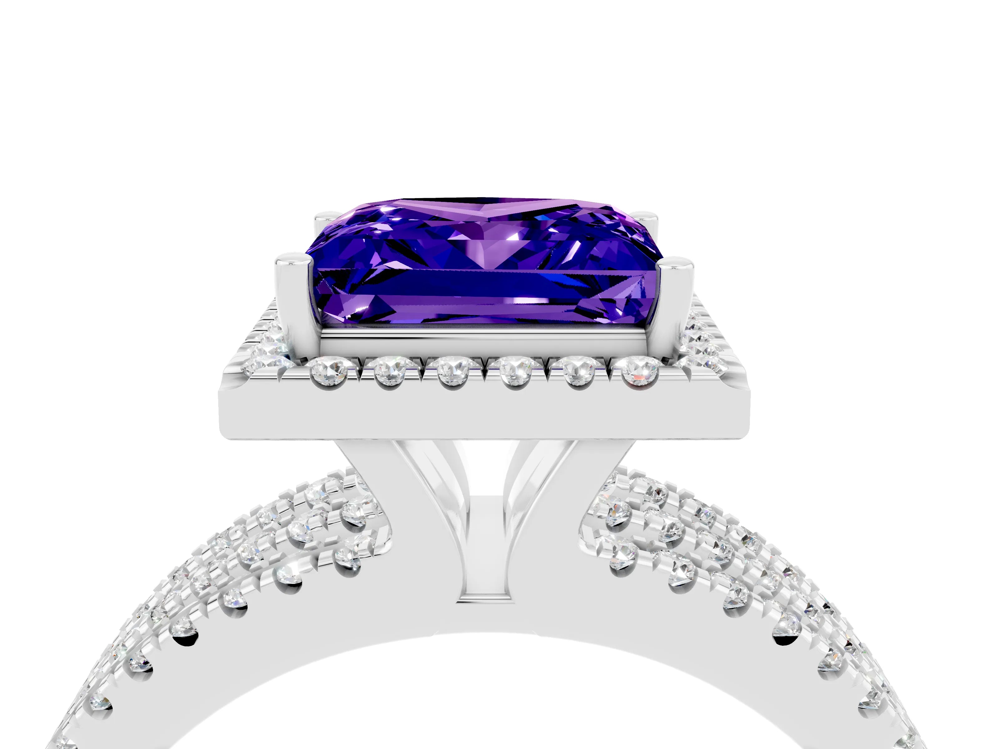 White gold {shape_name} Tanzanite Halo Engagement Ring with Split Shank and Four-Prong Setting_4