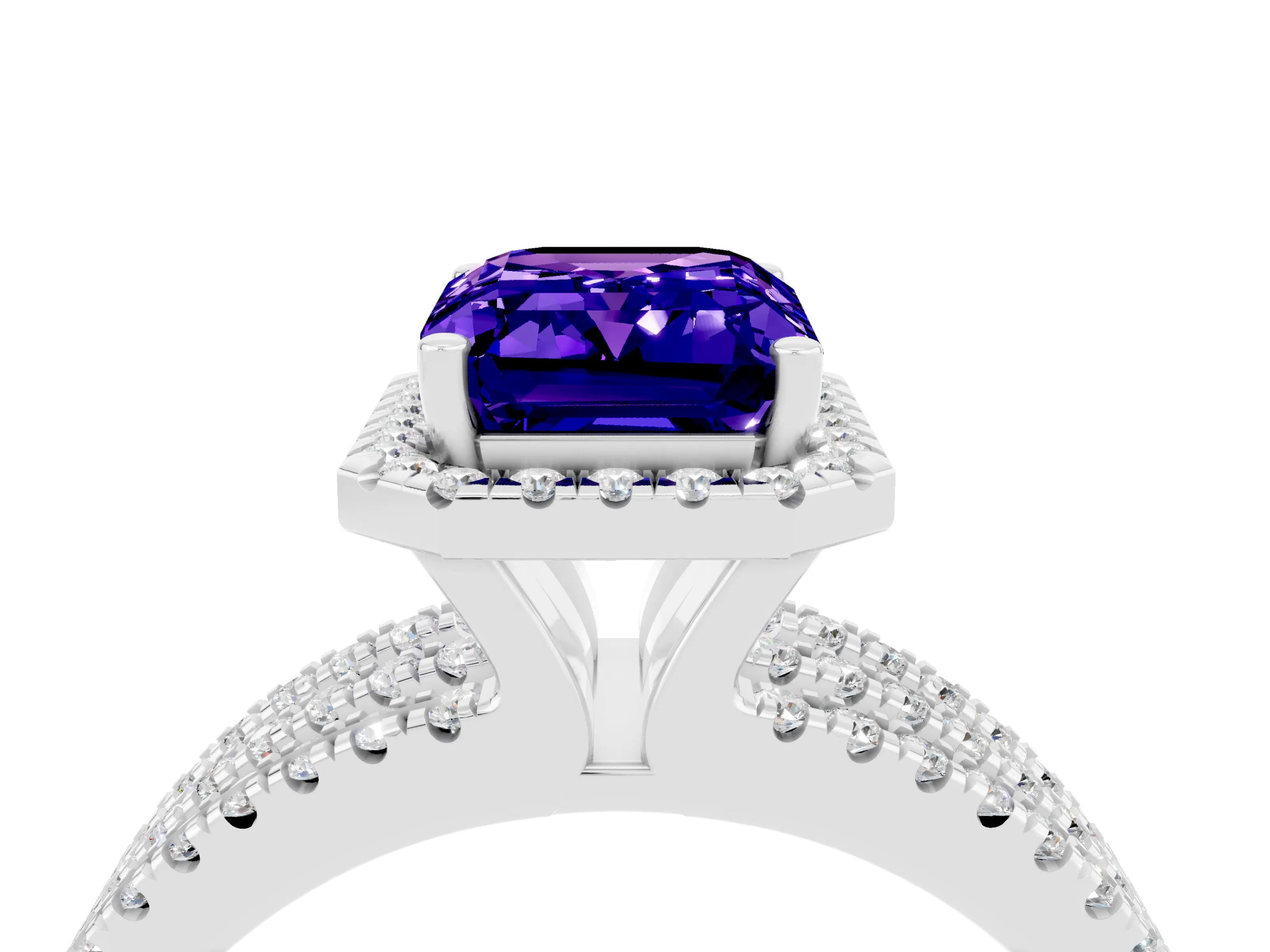 White gold {shape_name} Tanzanite Halo Engagement Ring with Split Shank and Four-Prong Setting_4