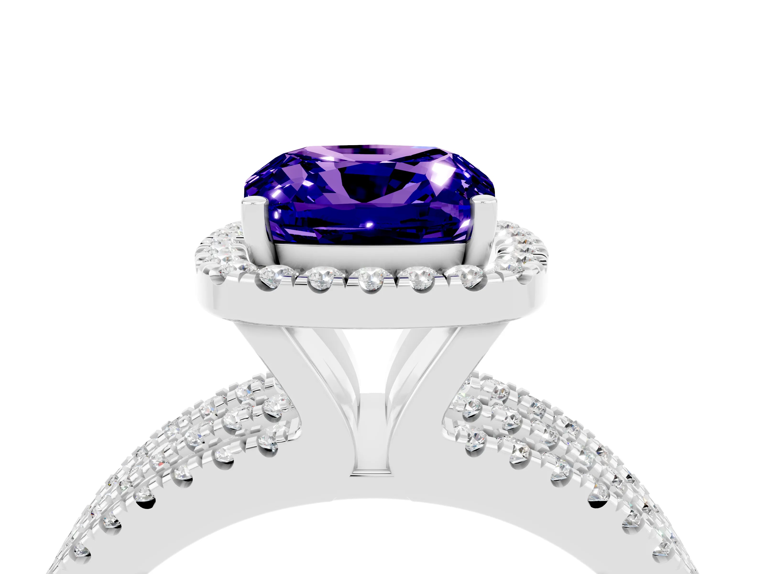 White gold {shape_name} Tanzanite Halo Engagement Ring with Split Shank and Four-Prong Setting_4