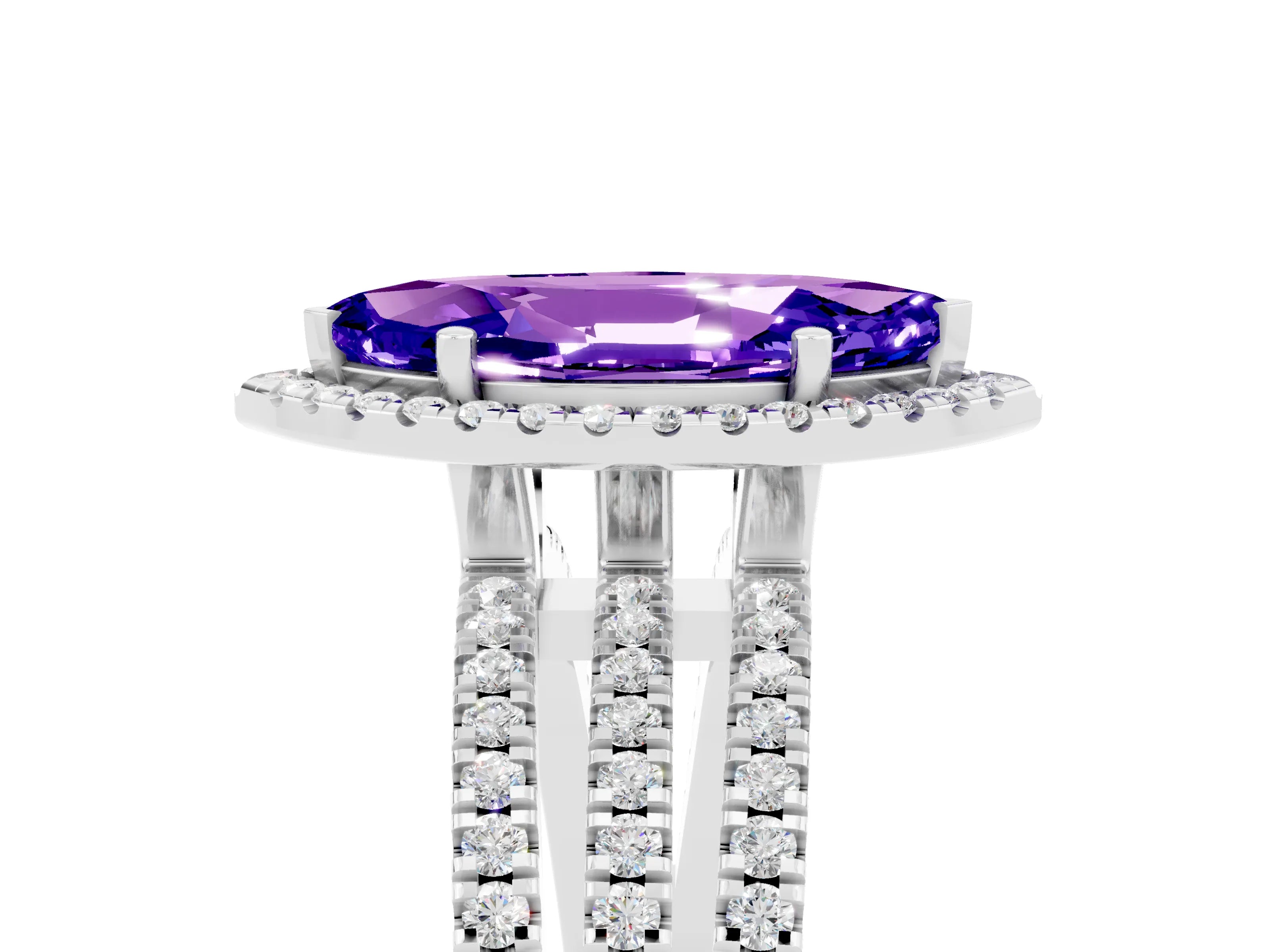 White gold {shape_name} Tanzanite Halo Engagement Ring with Split Shank and Four-Prong Setting_5
