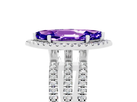 White gold {shape_name} Tanzanite Halo Engagement Ring with Split Shank and Four-Prong Setting_5
