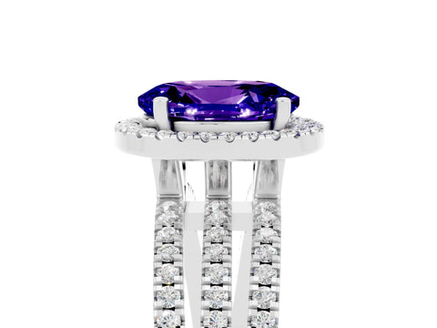 White gold {shape_name} Tanzanite Halo Engagement Ring with Split Shank and Four-Prong Setting_5