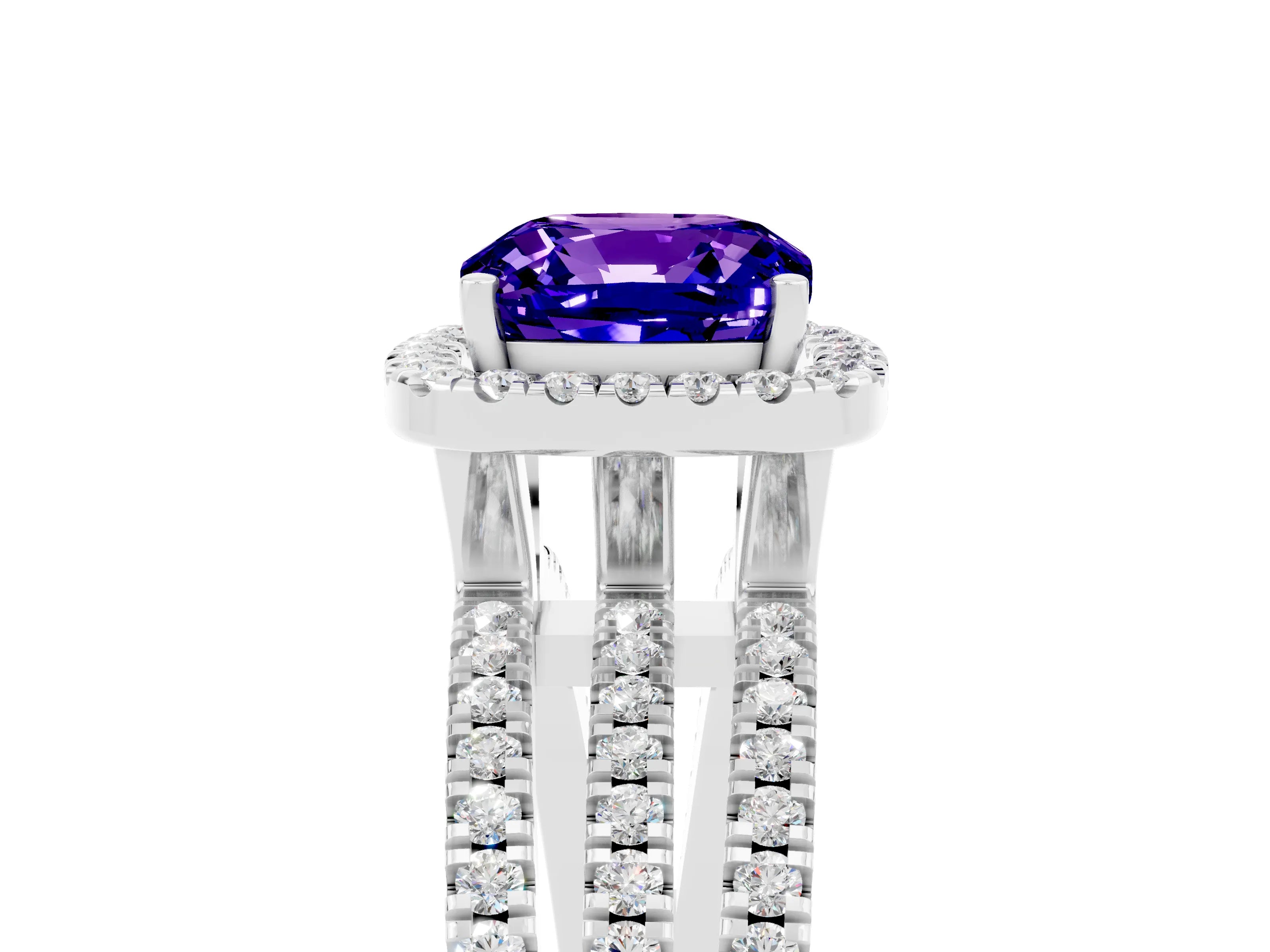 White gold {shape_name} Tanzanite Halo Engagement Ring with Split Shank and Four-Prong Setting_5