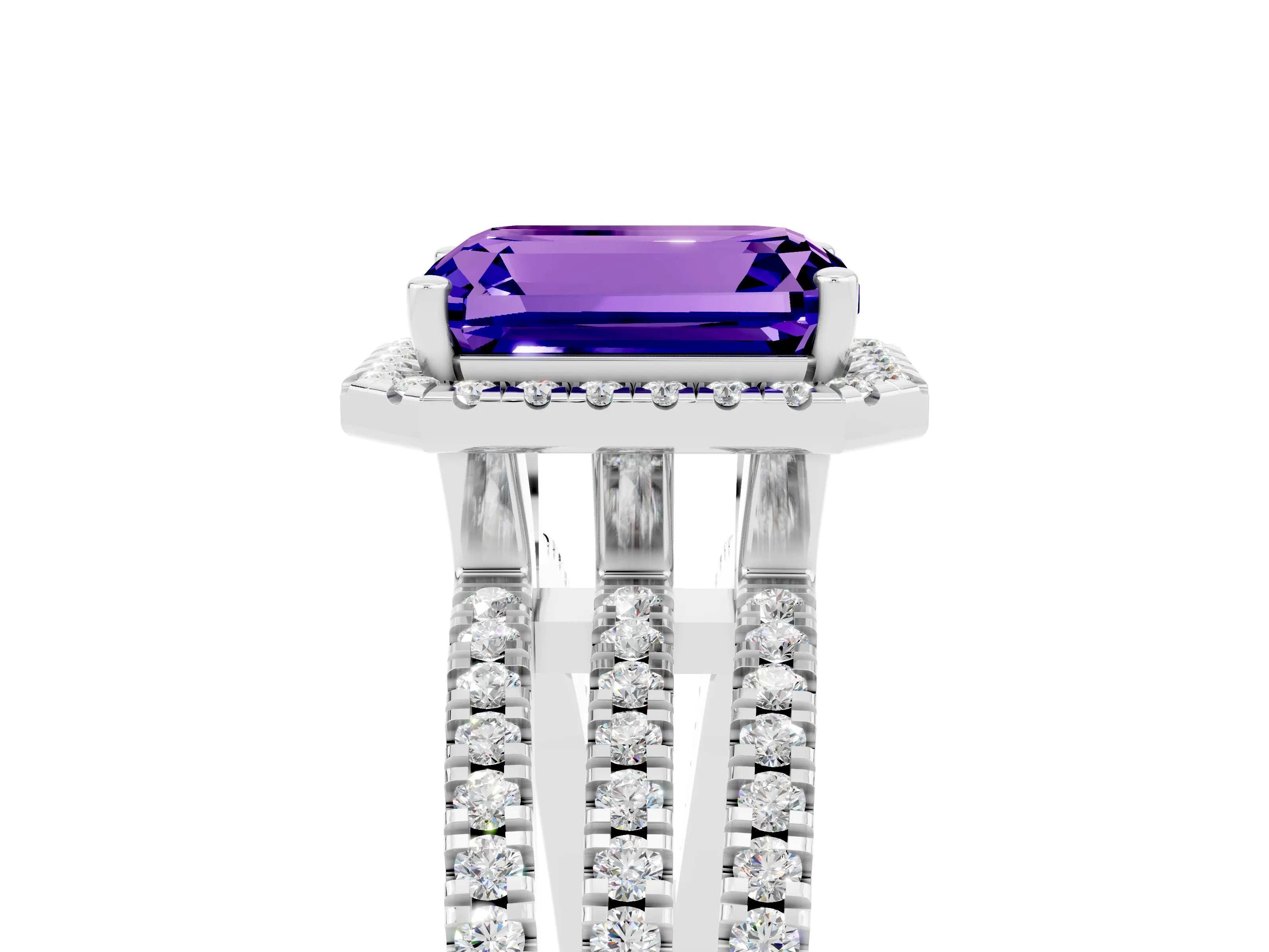 White gold {shape_name} Tanzanite Halo Engagement Ring with Split Shank and Four-Prong Setting_5