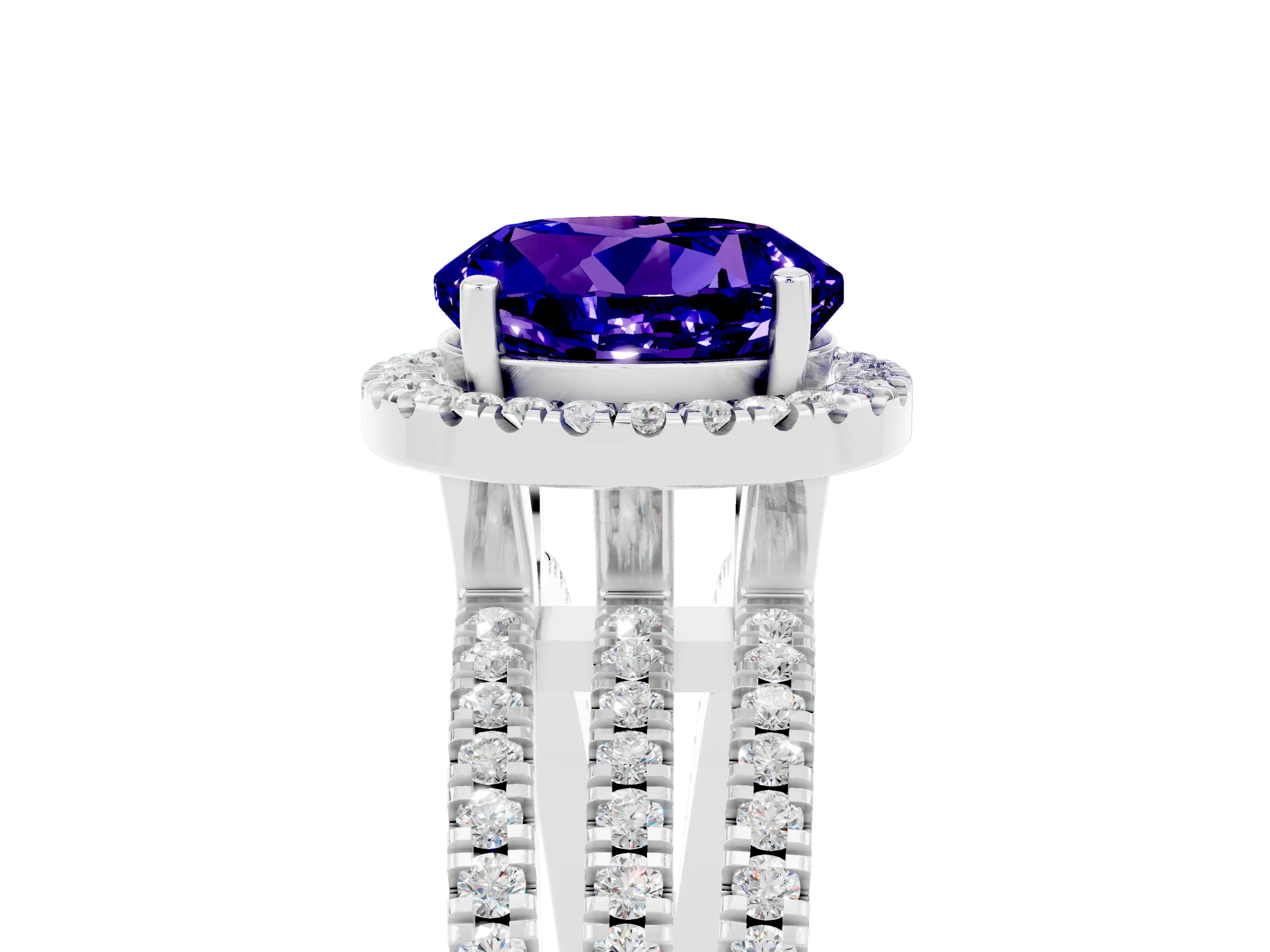 White gold {shape_name} Tanzanite Halo Engagement Ring with Split Shank and Four-Prong Setting_5