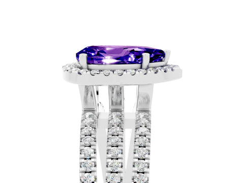White gold {shape_name} Tanzanite Halo Engagement Ring with Split Shank and Four-Prong Setting_5