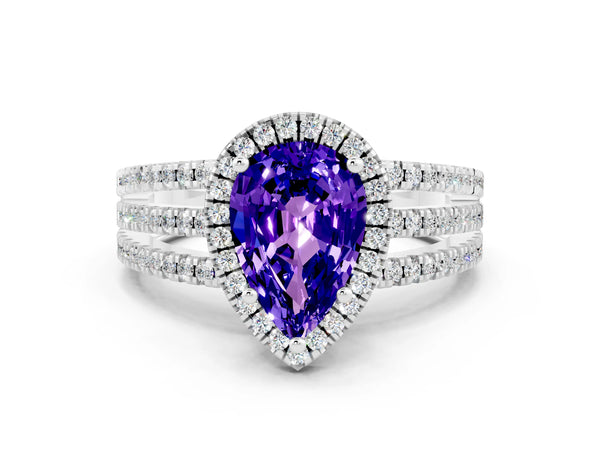 Silver Pear Cut Tanzanite Halo Engagement Ring with Split Shank and Four-Prong Setting