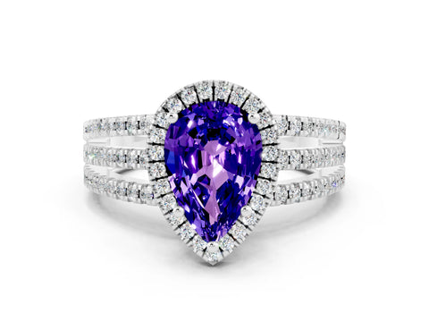 White gold {shape_name} Tanzanite Halo Engagement Ring with Split Shank and Four-Prong Setting