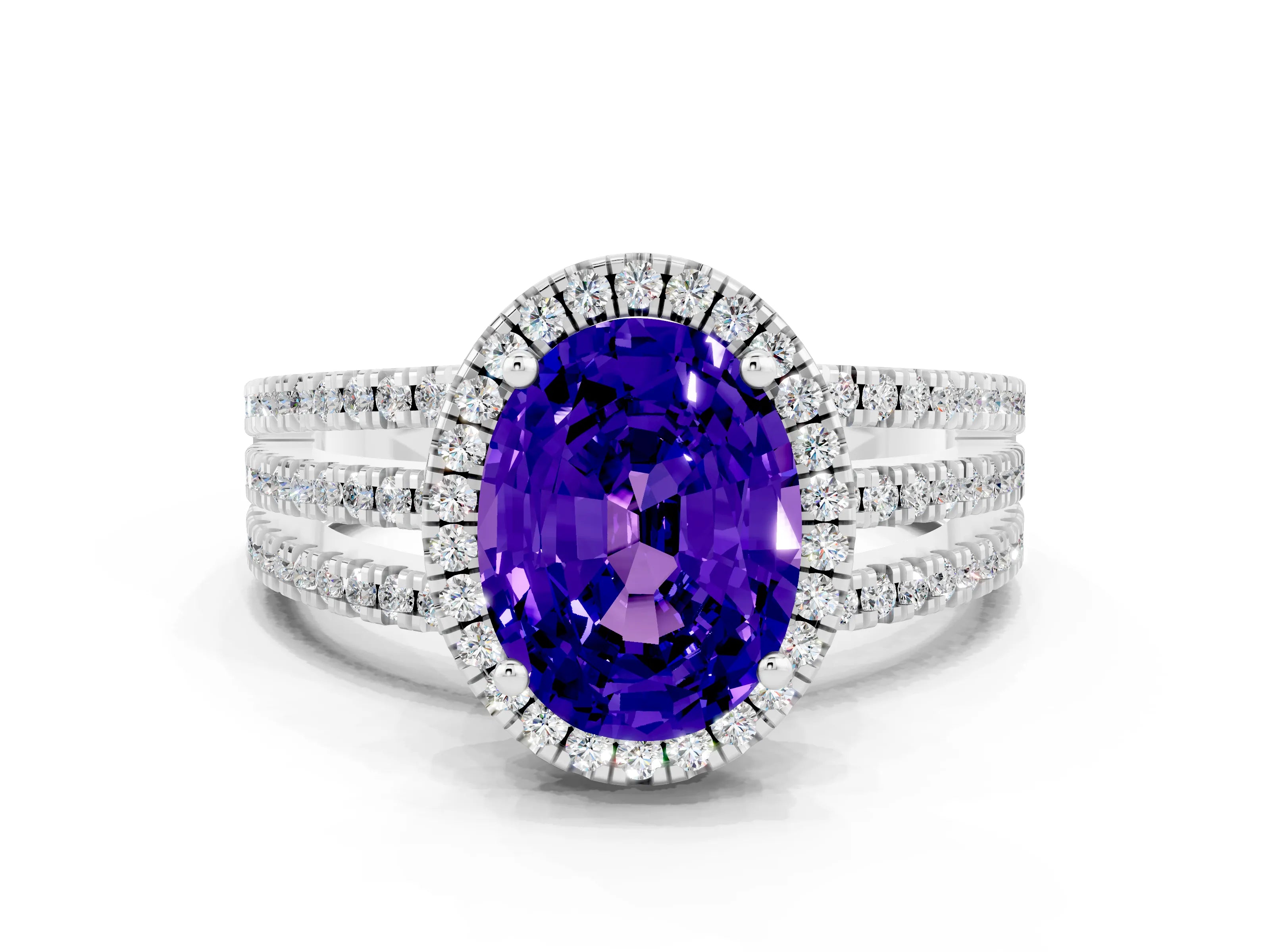 White gold {shape_name} Tanzanite Halo Engagement Ring with Split Shank and Four-Prong Setting