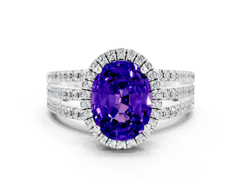 White gold {shape_name} Tanzanite Halo Engagement Ring with Split Shank and Four-Prong Setting