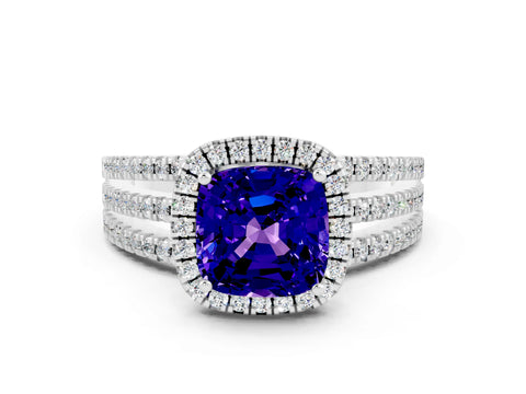 White gold {shape_name} Tanzanite Halo Engagement Ring with Split Shank and Four-Prong Setting